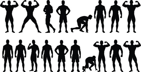 Bodybuilding silhouettes, male figures, flexing, standing, sprinting, posing, fitness, strength, posture, behavior, anatomy, black, minimal, abstract, people, action, discipline, technique