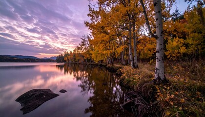 Obraz premium Autumn Serenity - Lake Reflection at Sunset with Colorful Trees.
