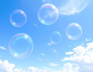 Bubbles float against a blue sky with sparse clouds