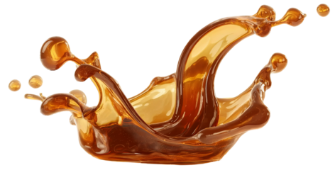 Amber liquid splash with droplets isolated on a transparent background