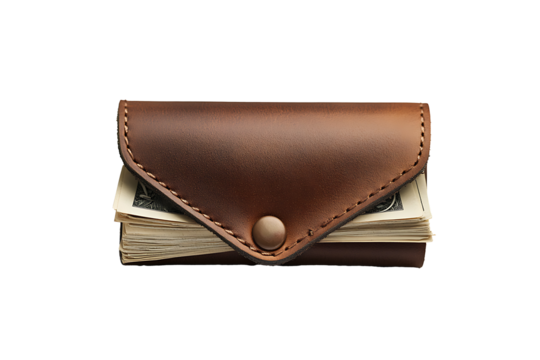 Brown leather wallet filled with us dollar bills on black background - Powered by Adobe