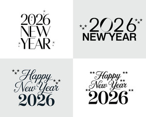 Four New Year 2026 greetings with stars in black and white Happy New Year celebration