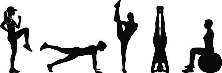 Fitness silhouette, workout poses, yoga balance, core strength, flexibility training, exercise ball, plank position, headstand, cardio warm-up, active lifestyle