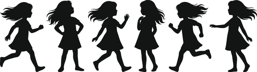 Girl silhouette sequence, walking, running, standing, gesturing, motion, posture, behavior, dress, hair, black, minimal, abstract, people, action, animation, concept, representation