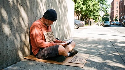 Homeless man sits on sidewalk writing on cardboard sign seeking assistance and support