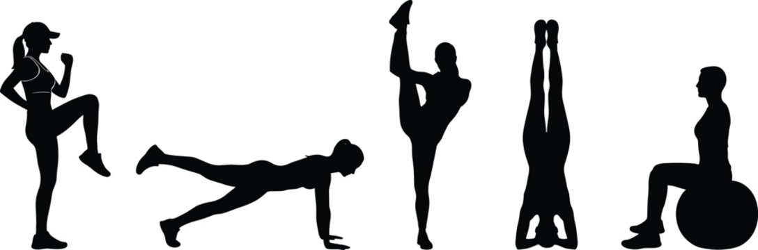 Fitness silhouette, workout poses, yoga balance, core strength, flexibility training, exercise ball, plank position, headstand, cardio warm-up, active lifestyle