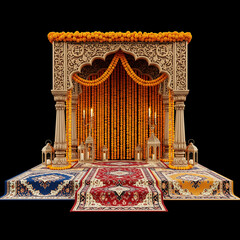 Ornate Indian Wedding Mandap with Candles and Rugs card isolated on a transparent background