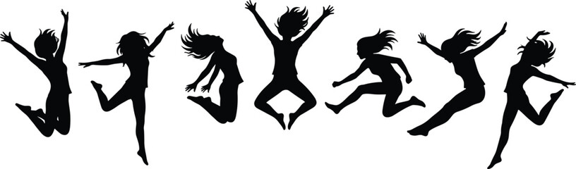 Group of Multiple Happy Women Silhouettes Jumping, Diverse Female Friends Celebrating with Arms Raised, Black Vector Graphics of Success, Energy, Freedom, and Cheerful Excitement.