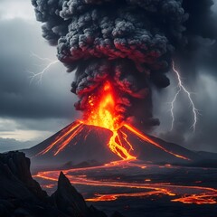 Violent Volcanic Eruption with Molten Lava and Ash Clouds in Dark Sky