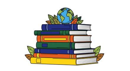 A vibrant stack of colorful books, topped with a blue and green globe and autumn leaves, symbolizes global education and environmental wisdom.