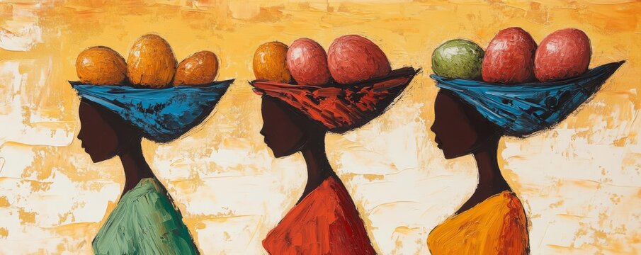 Colorful painting of African women carrying baskets of eggs on their heads