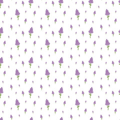 Lavender sprigs seamless pattern scattered on white for calm botanical visuals