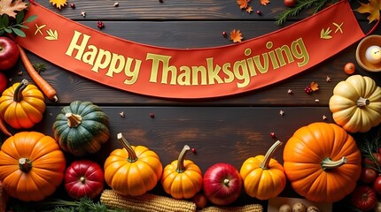 Festive Thanksgiving still life with pumpkins, leafy autumn décor, apples, acorns, and vegetables arranged harmoniously on dark rustic wood