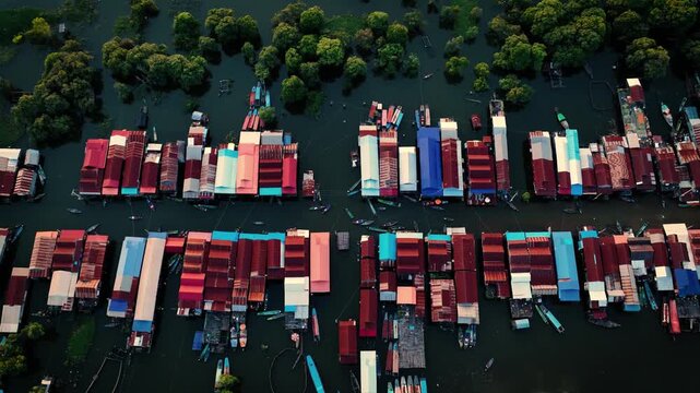 Kampong Phluk floating village with stilt houses on Tonle Sap lake in Cambodia.