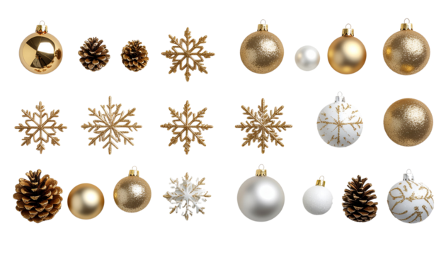 Premium White-and-Gold Festive Decorative Elements Bundle – isolated on transparent background.