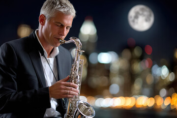 Saxophonist performs under moonlight in city skyline at night