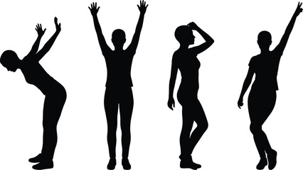 Human posture silhouette, expressive standing and dynamic poses, black figure icon, movement and gesture concept, white background