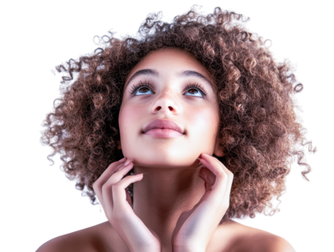Beautiful young woman with curly hair looking up thoughtfully, skincare and beauty concept