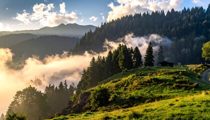 Serene Mountain Vista - A Tapestry of Green Hills and Misty Valleys.