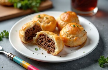 Savory meat pies served on white plate. One baked pastry cut open showing minced beef filling inside. Traditional homemade appetizer snack with golden crust. Delicious bourek dish garnished with