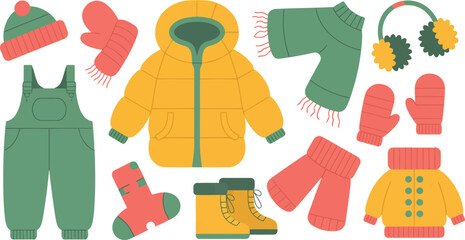 A delightful selection of childrens winter essentials arranged for warmth and comfort in cold seasons