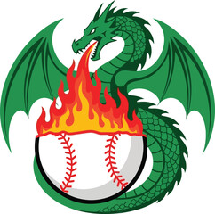 Green Dragon Mascot Breathing Hot Fire On Baseball Team Logo vector 