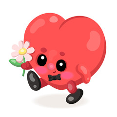 Cute heart character walking with a flower in hand.