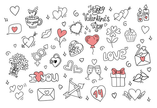 Romantic valentine?s day doodles: hearts, gifts, balloons, and love symbols theme.