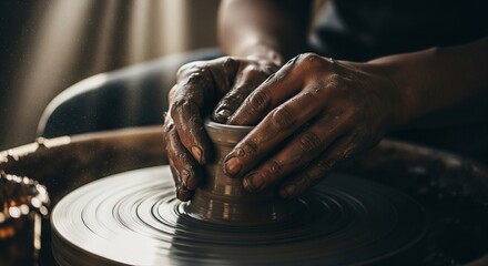 Close-up of a craftsperson's hands molding wet clay on a spinning pottery wheel.