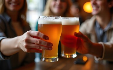 Friends toasting with amber beer at brewery pub restaurant - Happy hour celebration with glasses raised - Closeup of drinks and festive atmosphere. High quality