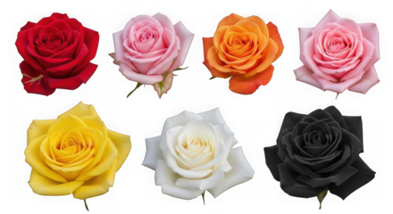 Collection of seven roses in various colors red, light pink, orange, dark pink, yellow, white, and black