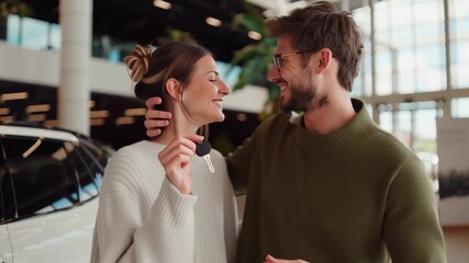 Happy young couple holds car key together in modern dealership showroom celebrating new vehicle purchase. Excited buyers smile with joy after successful automotive transaction and achievement.