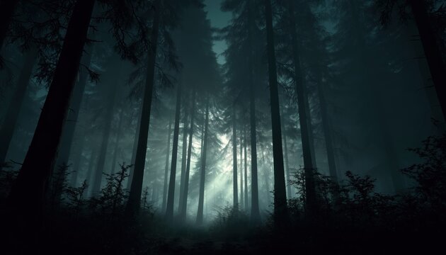 Spooky Nighttime Adventure Through The Haunting Forest, Eerie Woods Under The Cover Of Darkness, Creepy And Mysterious Atmosphere.