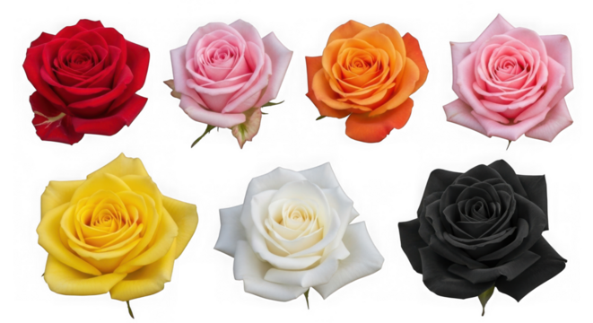 Collection of seven roses in various colors red, light pink, orange, dark pink, yellow, white, and black