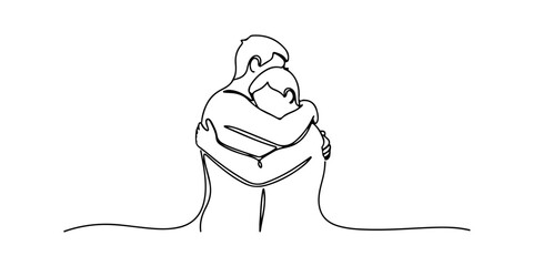 Continuous one line of a two people embracing symbolizing support and social care, human rights theme, draw vector illustration.