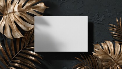 Tropical Elegant Trendy Dark Poster Or Card Mockup With Golden Palm And Monstera Leaves On Abstract Dark Grey Background. Empty Space For Copy.