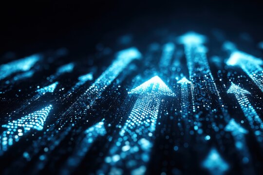 Abstract glowing arrows signifying upward progress on a digital blue background