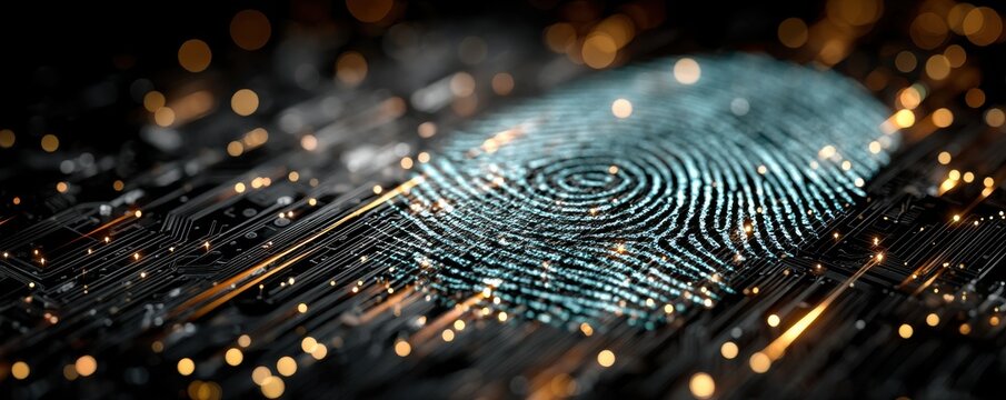 Digital fingerprint embedded on a futuristic electronic circuit board