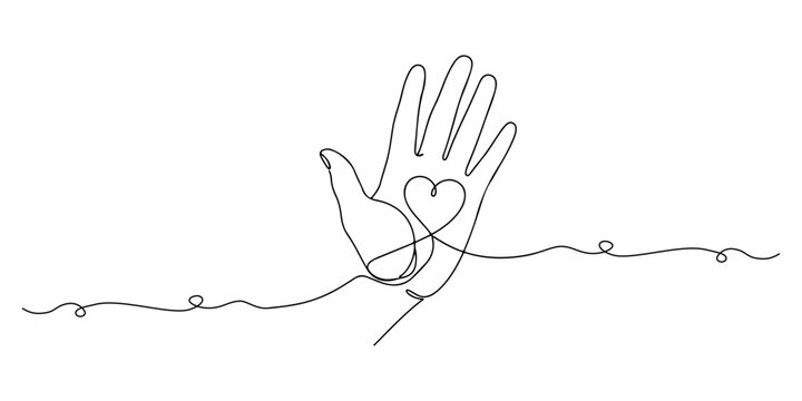 Continuous one line of an open hand with a heart symbolizing anti-violence and compassion, human rights theme, draw vector illustration.