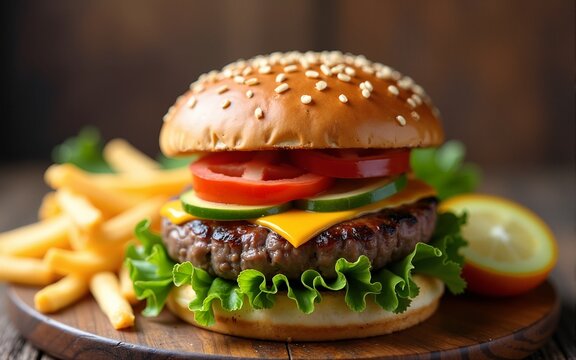 Close-up of tasty homemade beef burger and salad on rustic wooden background. Fast food and junk food. Concept generated in Ai. High quality