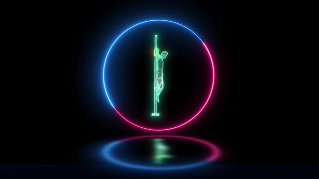 Digital Wireframe Jesus On Cross Within Pulsing Neon Circle Loop, Reflective Dark Background,neon Wireframe Jesus Christ On Cross In Glowing Rgb Circle, Spiritual Digital Art With Reflection, Modern C