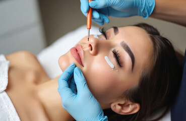 Beautician eyelash extensions for woman in spa. Technician holds tweezer. Eyelash care procedure. Female improves appearance with new eyelashes. Professional correction for lady client at beauty