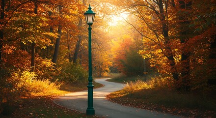 Path through a colorful forest with a vintage streetlight. Autumn leaves glow