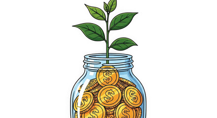 A drawing of a glass jar filled with gold coins and a sprouting plant