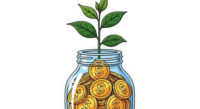 A drawing of a glass jar filled with gold coins and a sprouting plant