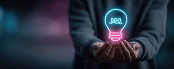 Closeup of glowing neon light bulb cradled in hands symbolizing creativity