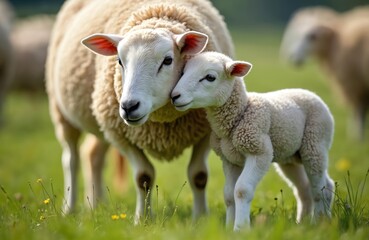 Fototapeta premium Mother sheep stands with fluffy baby lamb in bright green field. Ewe, tiny lamb heads touch, gentle bond clearly visible. Graze peacefully in nature. Springtime brings new farm animal life to meadow.