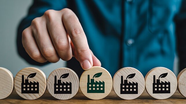 Sustainable factory icons on wooden blocks representing eco industry
