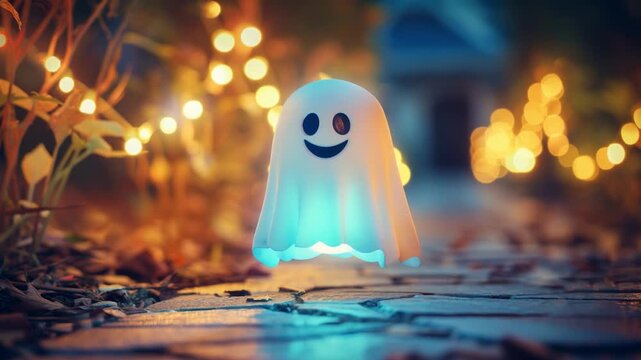 A cute glowing little ghost floating gently in the air, concept of Halloween, fun, and spooky atmosphere