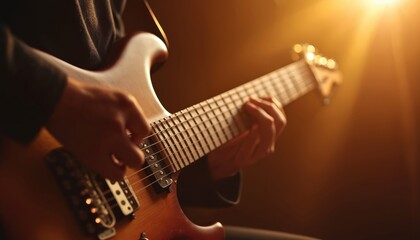 Obraz premium Person plays electric guitar with passion, fingers expertly press strings. Hands move on fretboard, creating rich melody. Warm golden light shines on instrument, musician. Close up shows detailed